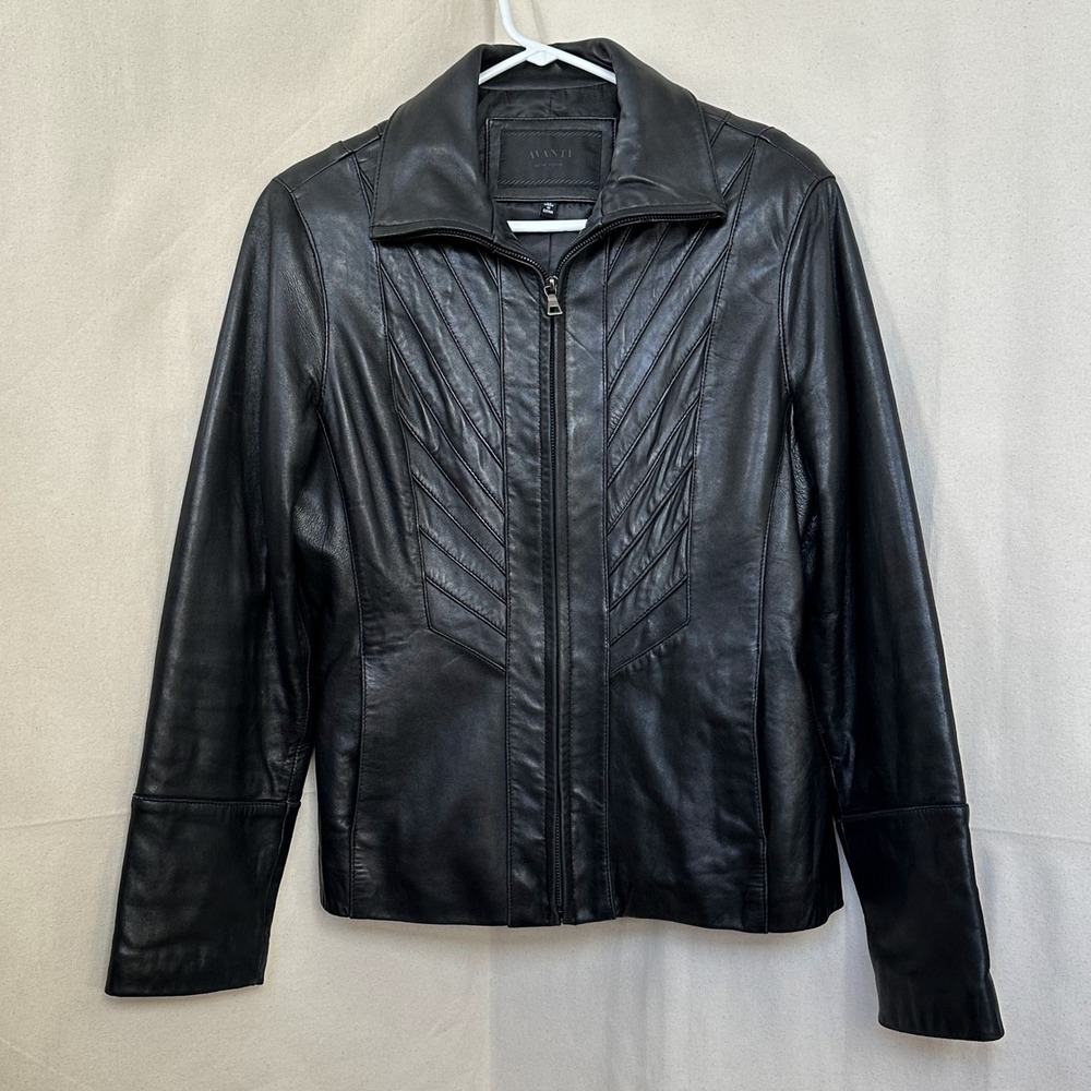 AVANTI NY Womens Black Genuine Lamb Leather Jacket Moto Biker Size M Pleated Vtg